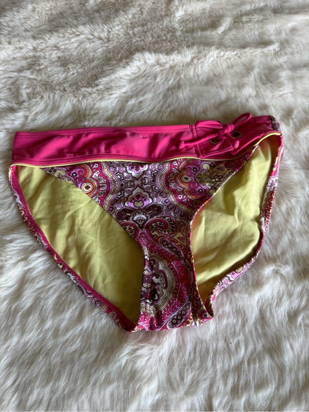 Athleta Pink Paisley Bikini Bottoms with Yellow Interior Trim